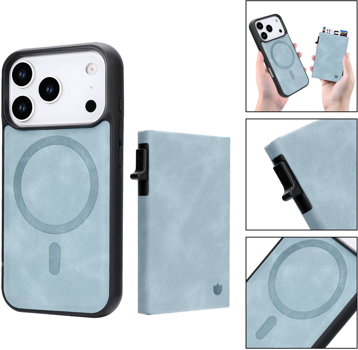 Casemania Hoesje Geschikt voor Apple iPhone 18 Pro Max - Aqua Blue - Magnetisch Back Cover met Uitschuifbaar Pasjeshouder - 2 in 1 Telefoonhoesje geschikt voor MagSafe met 6 Pasvakjes Creditkaarthouder - Licht Blauw
