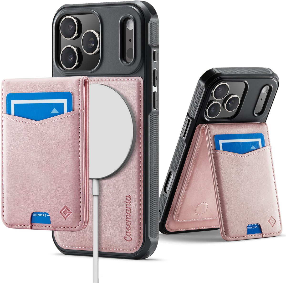 Casemania Hoesje Geschikt voor Apple iPhone 18 Pro - Pale Pink - Geschikt voor MagSafe - Back Cover met Afneembare Magnetische Pasjeshouder met Standaard - Telefoonhoesje en Kaarthouder