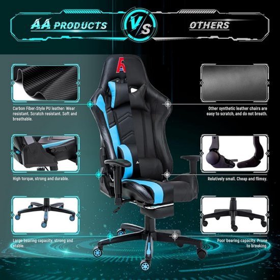 Ergonomische Gamingstoel met Voetsteun en Lendensteun - Verstelbare Bureaustoel Racestoel Zwart Blauw — afbeelding 2