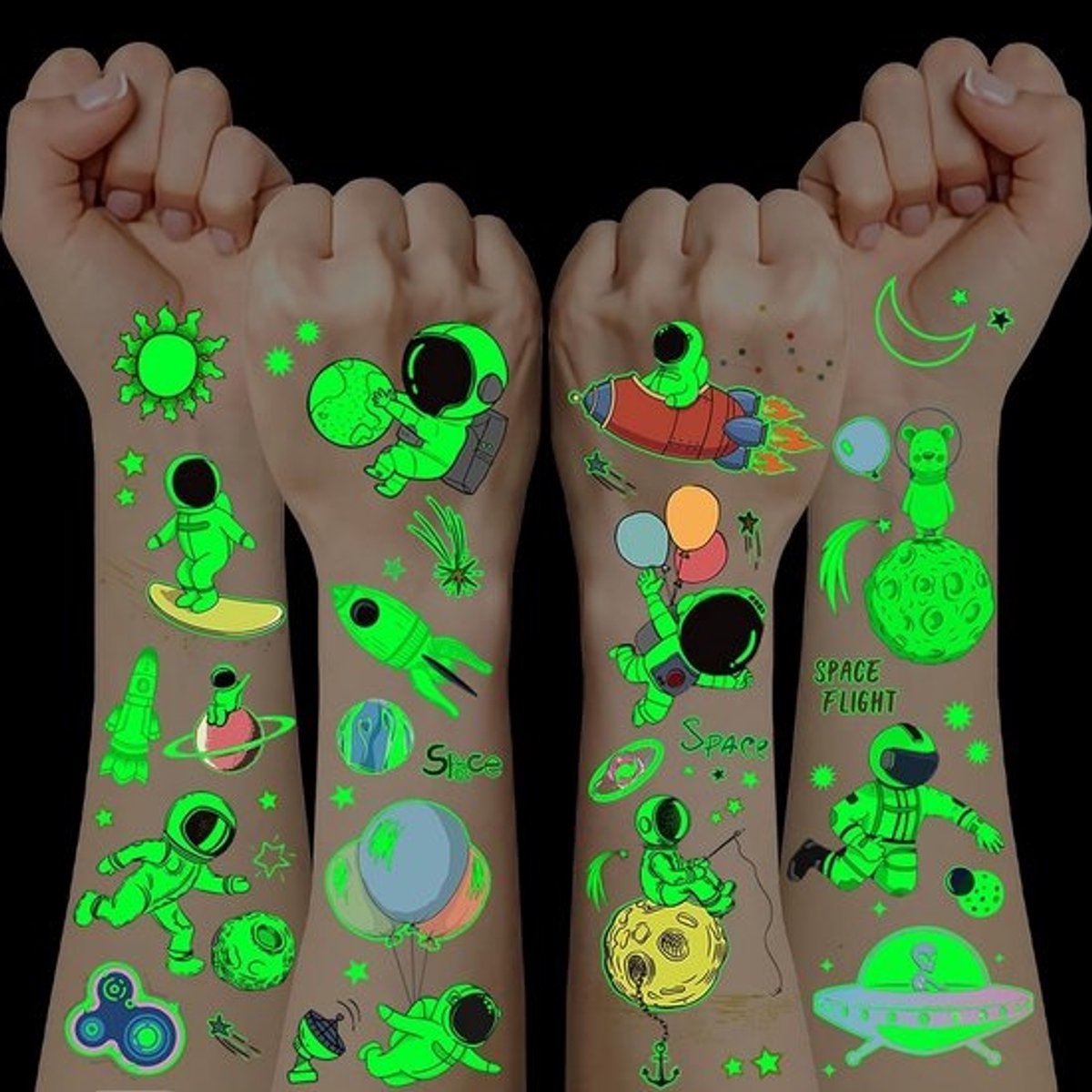 12 Vellen Lichtgevende Kindertatoeages Ruimtevaart - Tattoos voor Jongens en Meisjes