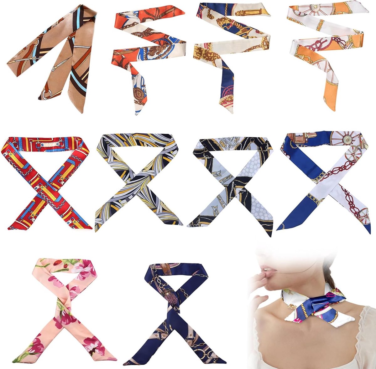 10 Stuks Elegante Dames Zijde Sjaal Set 90x4 cm, Multicolor Accessoires als Haarband, Sjaal, en Tasdecoratie voor Kantoor, Reizen en Dagelijks Gebruik