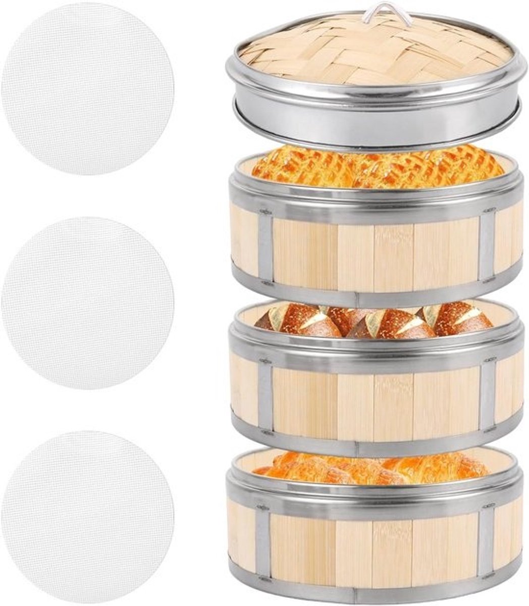 Bamboestomer Set van 3 Stuks met Deksel en Siliconen Pads - Ideaal voor Groenten, Dumplings en Rijst, Stapelbare Stomer met Diameter van 20 cm