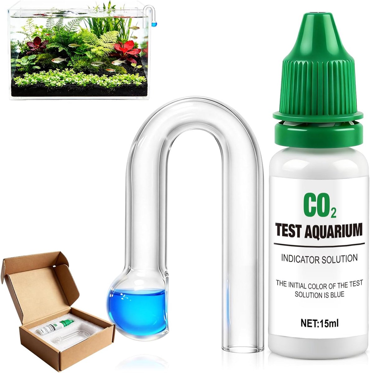 aquarium, CO2-test aquarium, CO2-duurtest, 15 ml indicatoroplossing + glasmonitor, continue meting van de CO2-concentratie, oplossing voor de groei van waterplanten 02