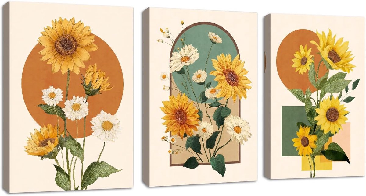 3 stuks moderne afbeeldingen, boho, oranje, gele zonnebloemen, print op canvas met botanisch frame, bloemenschilderij, geel, groen, bloemen, bladeren, wandprints, decoratie voor woonkamer, slaapkamer