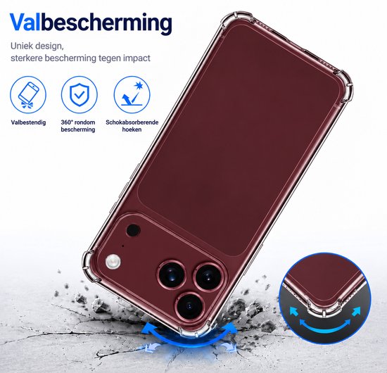 Transparant hoesje valbestendig en schokabsorberend met 360° bescherming.