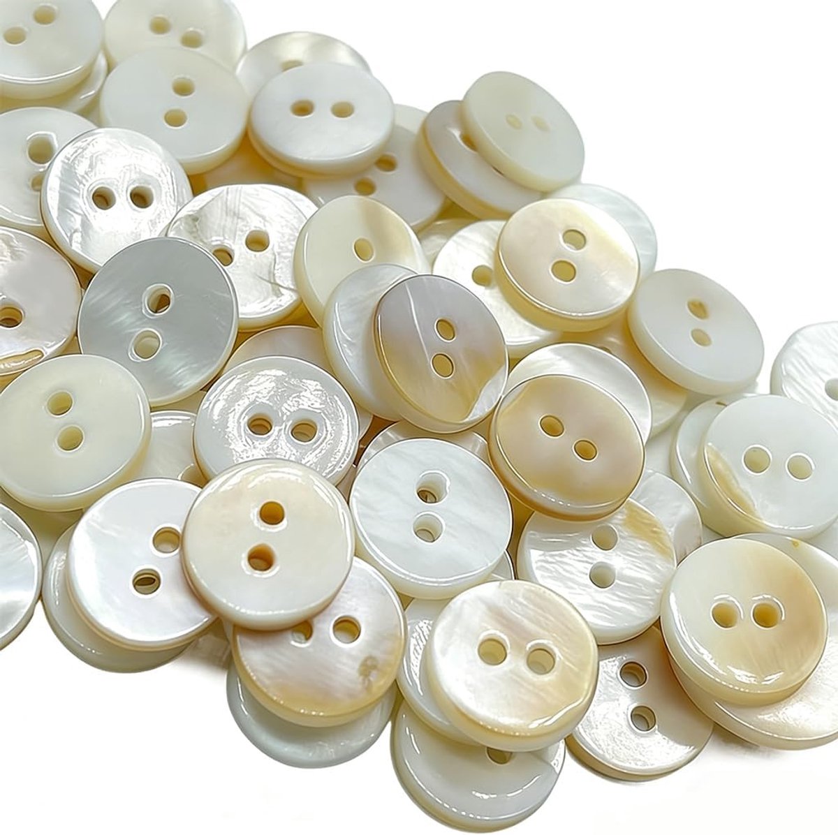 Knopen, 10 mm, olie-wit, glanzend, echte schelpknopen, 2 gaten, plat, voor overhemden, blouses en babykleding, natuurlijke structuur, kort materiaal om te naaien, knutselen en