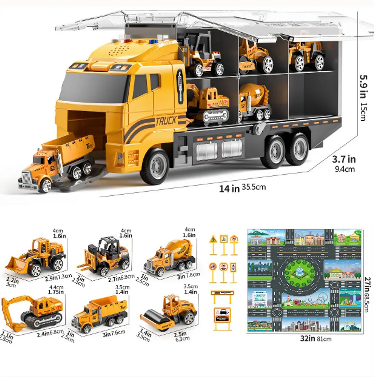Transporttruck met 7 Bouwvoertuigen – Licht en Geluid – Speelgoed Vrachtwagen met Bouwmachines – Speelset voor Kinderen