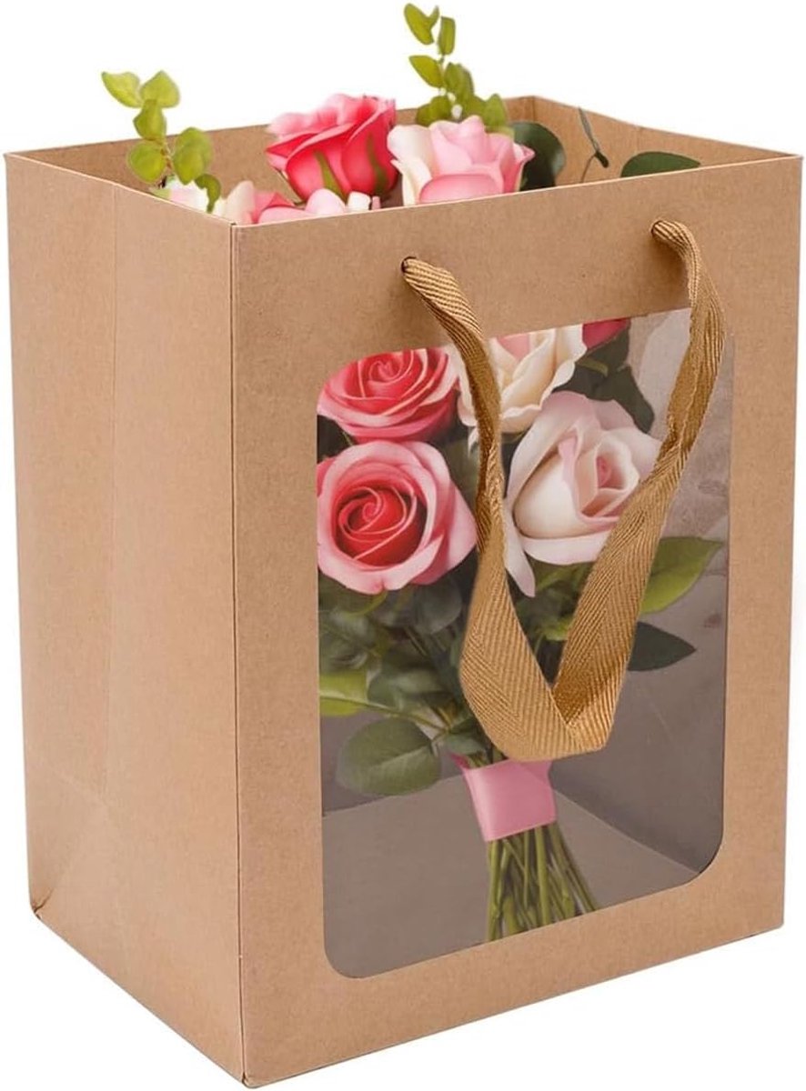 10 stuks kleine geschenkzakjes met venster, bruin kraftpapier, cadeauverpakking, papieren zakken met venster voor verjaardag, bruiloft, feest en voedselopslag (18 x 13 x 25 cm)