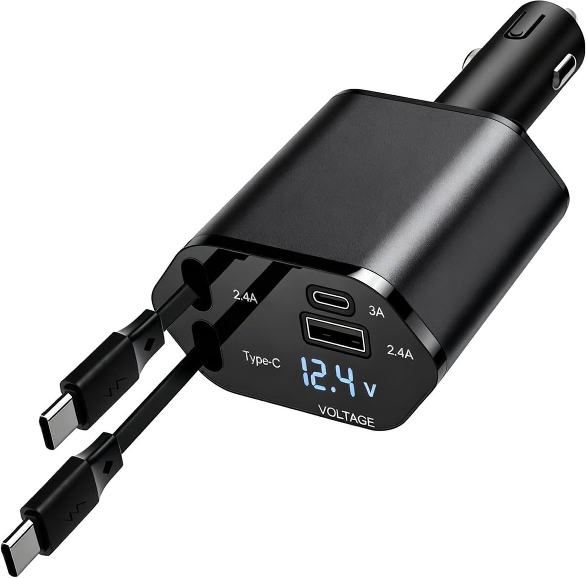120 W intrekbare autolader 12 V met dubbele USB-C-kabel