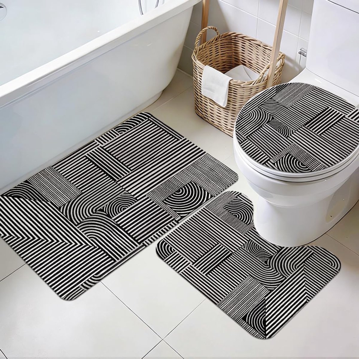 3-delige badkamertapijtenset badkamerdecoratie antislip wasbare badmat set met U-vormig tapijt en toiletdekselhoes voor ingang, slaapkamer, wasserette, hotelkeuken, grijs zwart