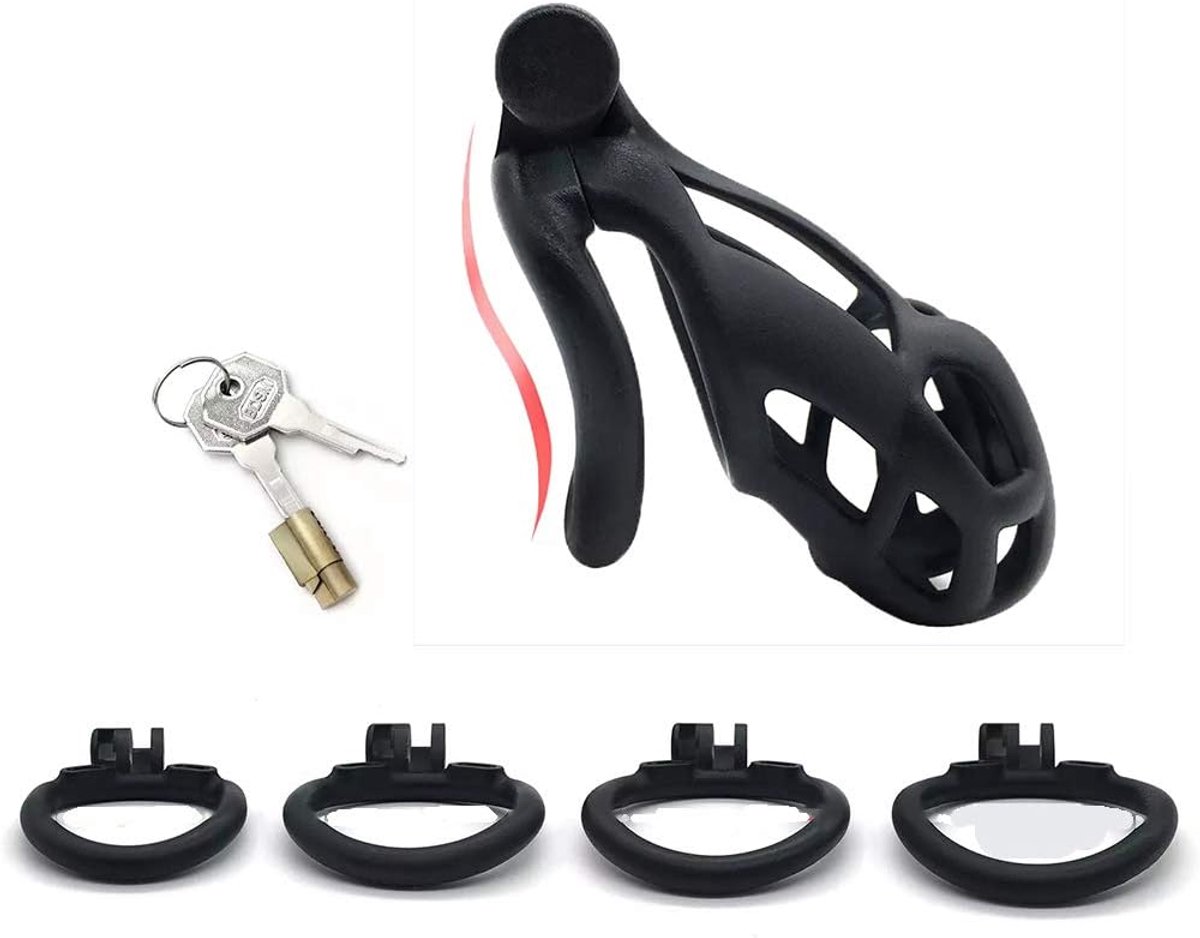 Kuisheidsgordelset met 4 cockringen, kleine kuisheid, kuisheidskooi, man, bondage, extreem voor mannen, kuisheid, peniskooi, zwart (gebogen ring-M)
