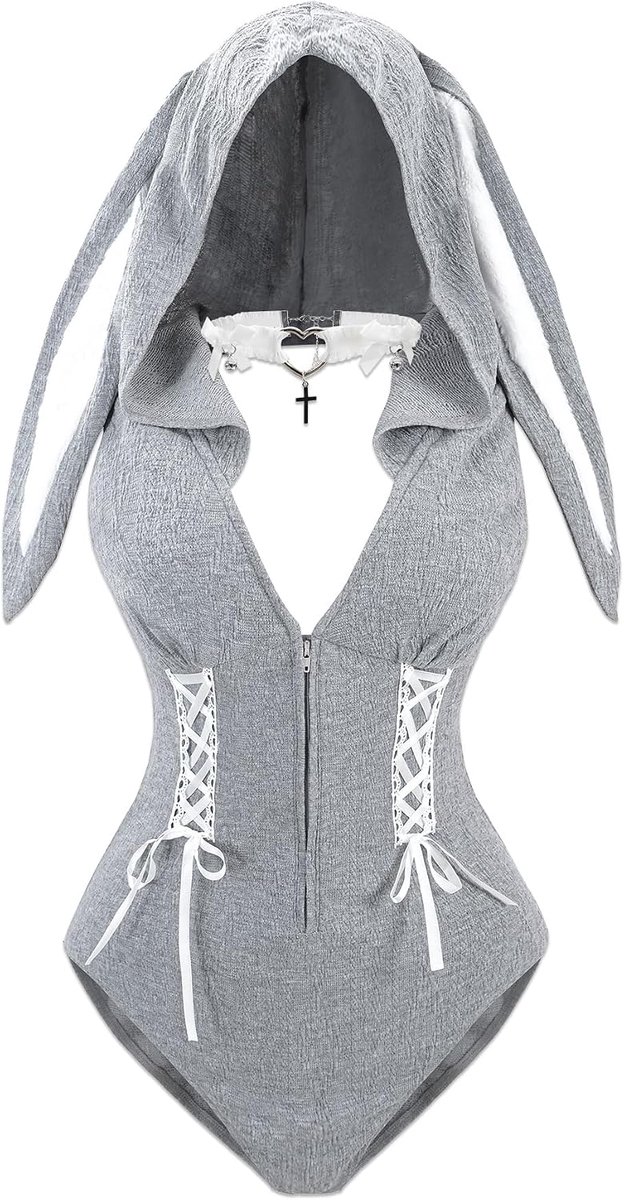 Bunny-kostuum voor vrouwen, sexy mouwloos cosplay-kostuum met ritssluiting en rugvrij design voor Halloween-party, grijs