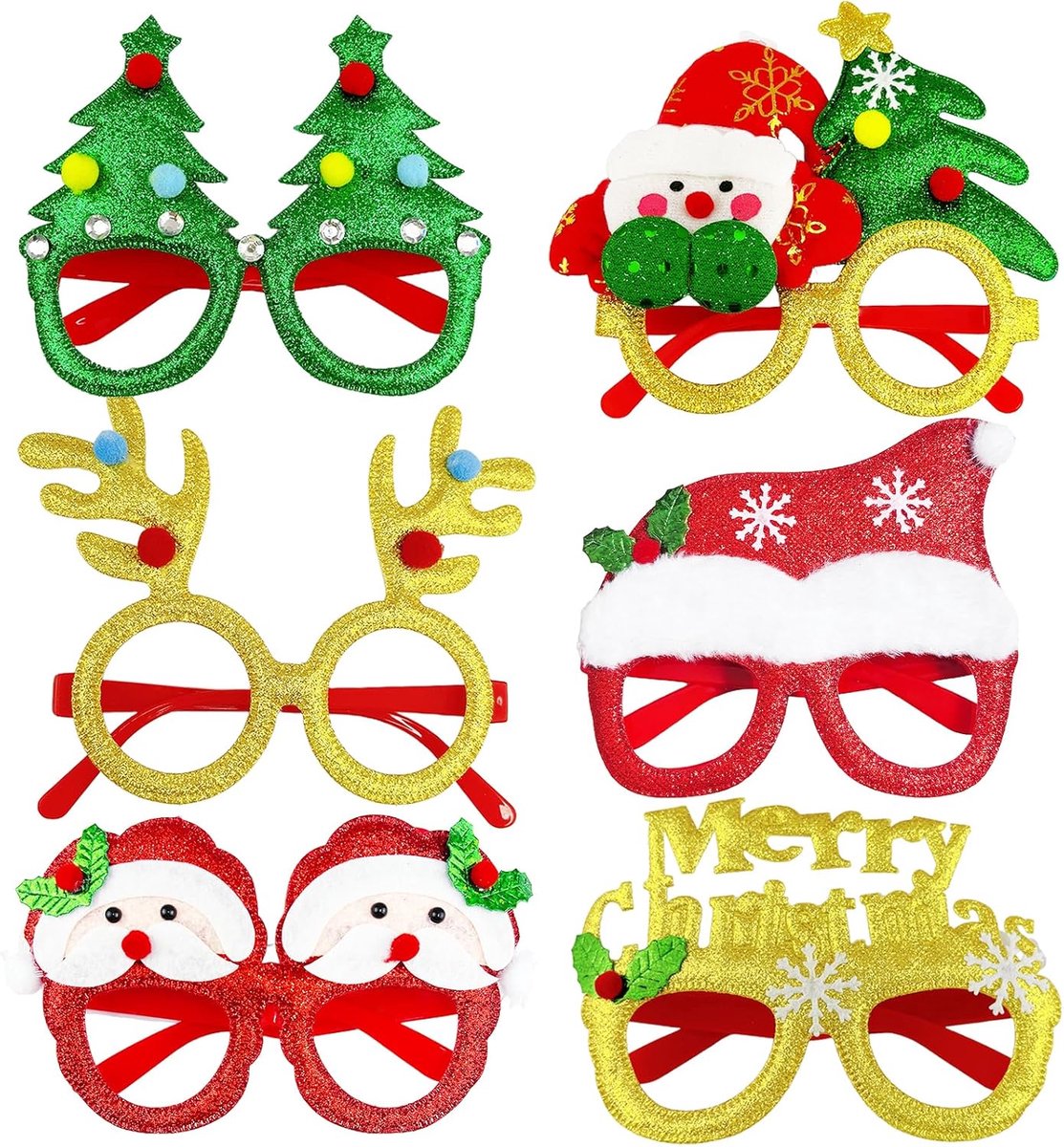 6 stuks kerstbril, brilmontuur, grappig kerstpapier, bril, nieuwigheid, Kerstmis, foto-rekwisieten, brilmontuur, kerstglazen, bril voor kerstfeest, kostuum, decoratie voor kinderen en volwassenen