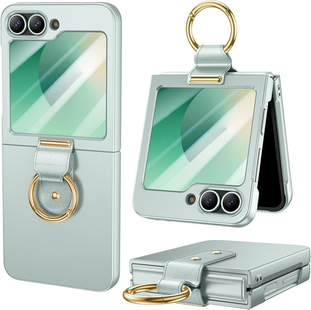 Hoesje voor Samsung Galaxy Z Flip 6 hoesje, ultradun hard PC Samsung Z Flip hoesje met buitenste schermbeschermer en ring, schokbestendig,(mintgroen)