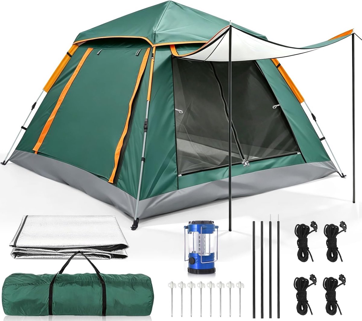 Campingtent voor 2-3 personen, automatische pop-up koepeltent, waterdicht tot 3000 mm, outdoor tent met ledlicht en vloermat, snel op te bouwen, werptent met uv-bescherming en draagtas