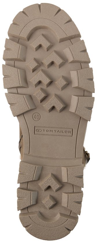 Onderkant van een taupekleurige laarszool met grof profiel en het Tom Tailor logo.