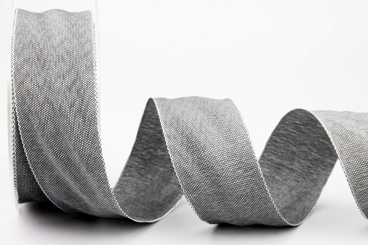 olijfgrijs (128) 20 m x 40 mm (rol), stoffen lint met draadranden, licht glanzend, linnenlook, taftlint, grof geweven, Kerstmis, advent