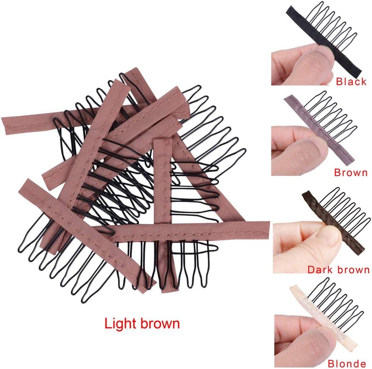 Kammen 7-tanden Pruik Clips Staal Tanden Polyester Duurzame Doek Pruik Kammen voor Haarstukje Caps Pruik Accessoires Gereedschap 24 stks/partij(Lichtbruin)