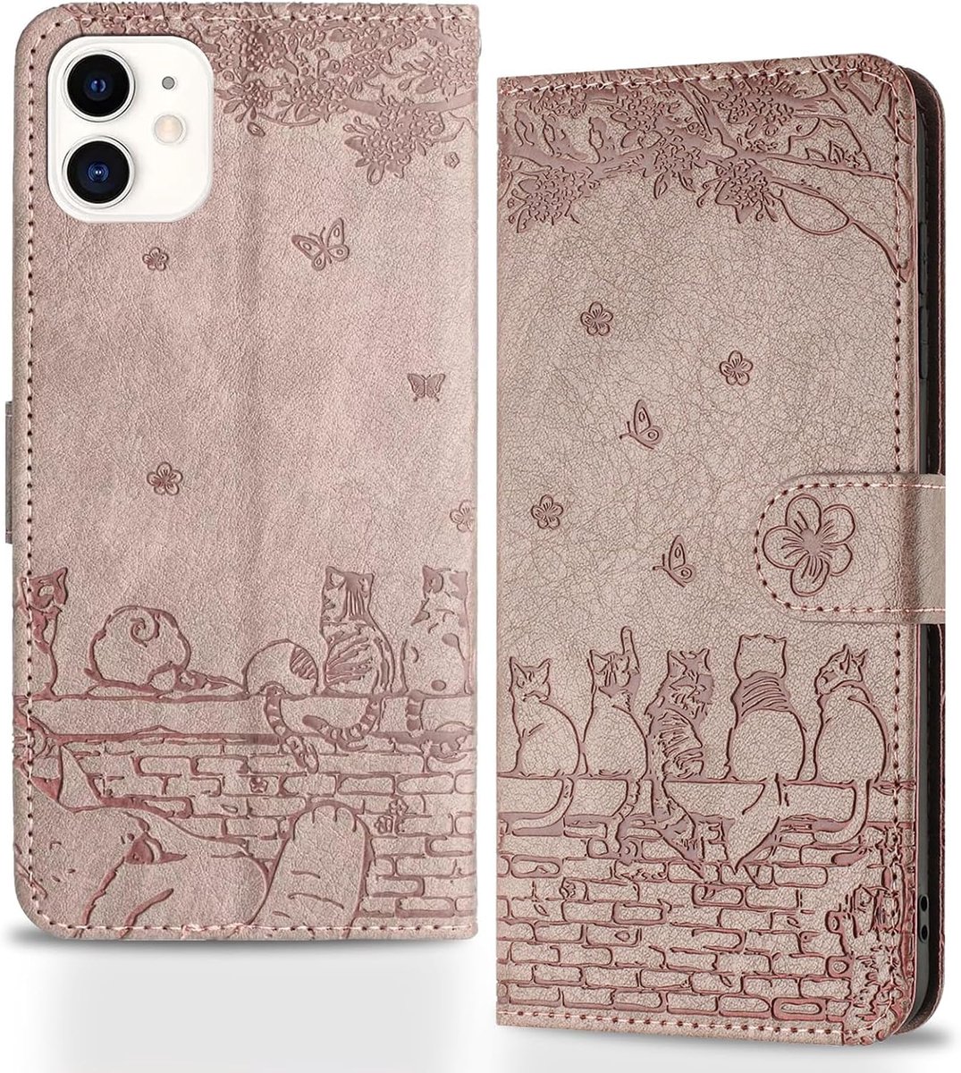 Hoes voor mobiele telefoon voor iPhone 11, Zaunkatten Inklapbare Hoes, Geprägd PU-leer Portemonnee Beschermhoes Tas Flipcase, Magnetische Klaphoes met Kaartenvak Standfunctie, Roze-Paars