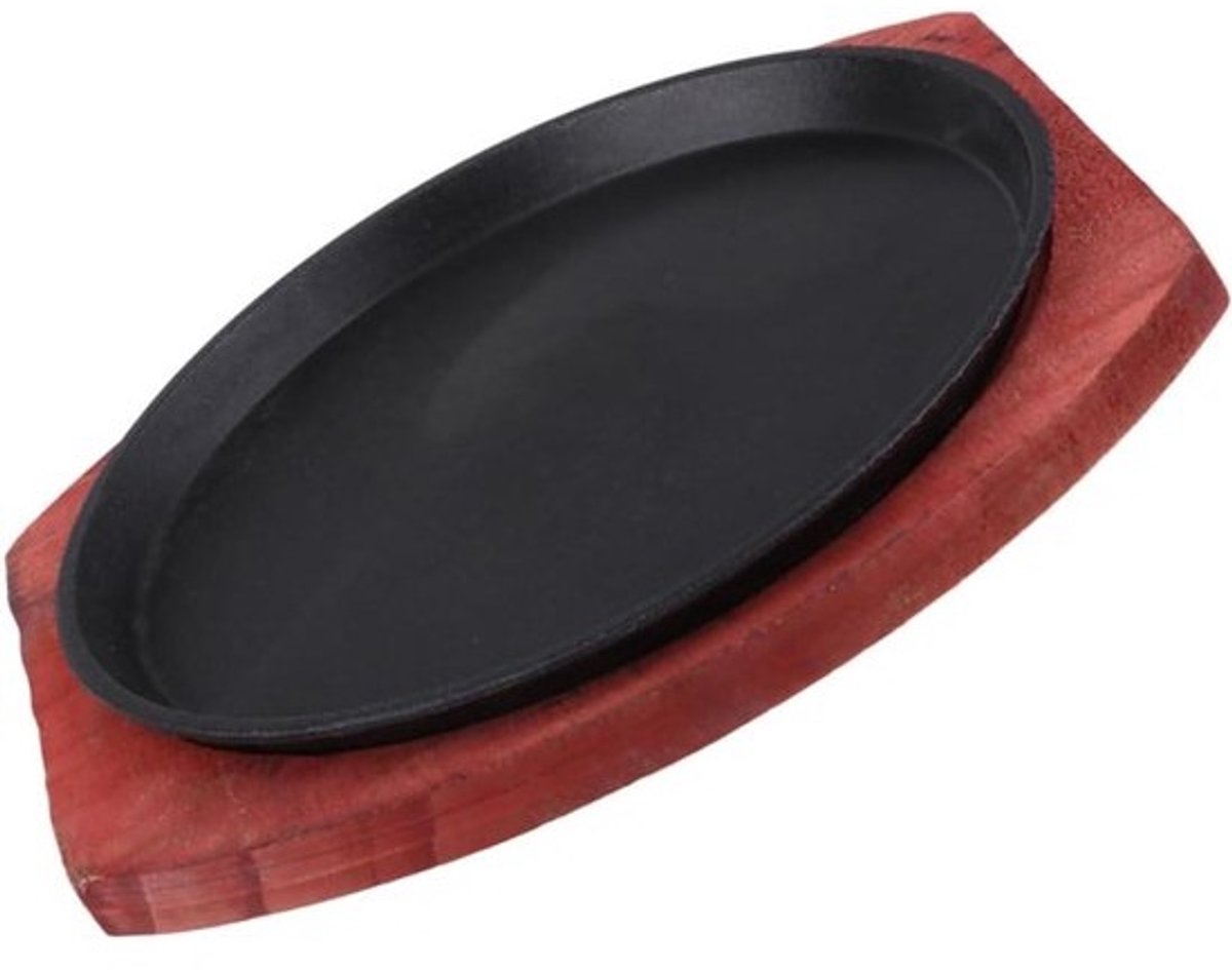 Gietijzeren Grillpan - Sizzling pan Ronde plaat - Steaks Grillen - Met Houten Basis - 23.5 x 21.4 cm - Zwart