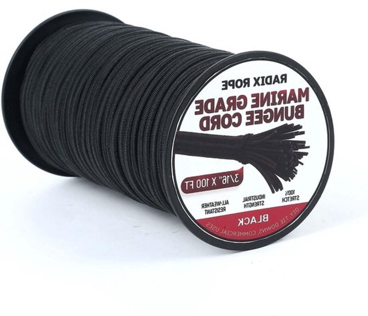 Bungeekoorden - Elastisch koord - Spullen vastzetten - Waterdicht en sterk - 3/16" x 100ft - Zwart