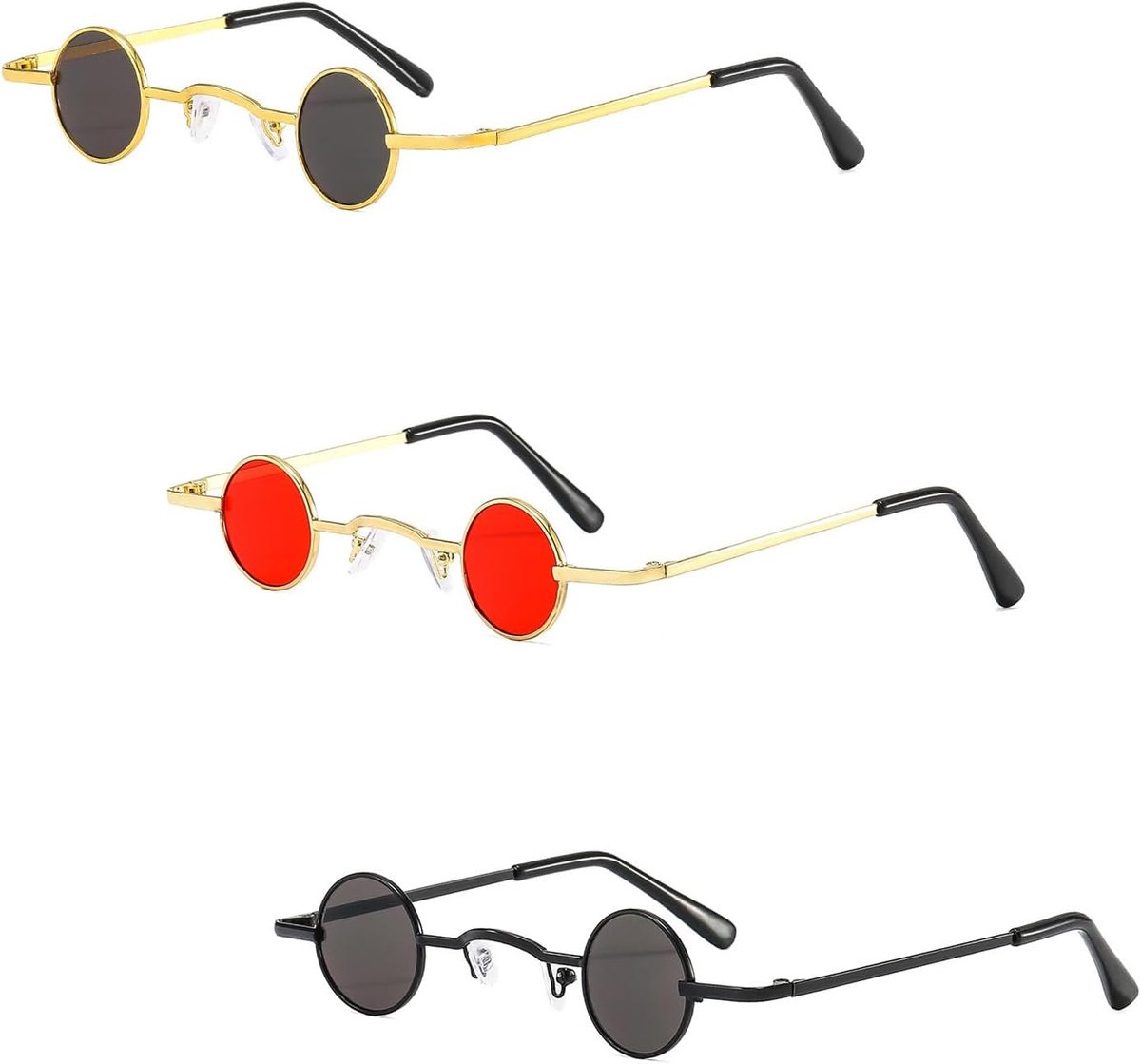Ronde Zonnebril, 3 Paar, Retro Hippiebril, Vintage Metalen Frame, Street Style voor Mannen en Vrouwen, Zwart