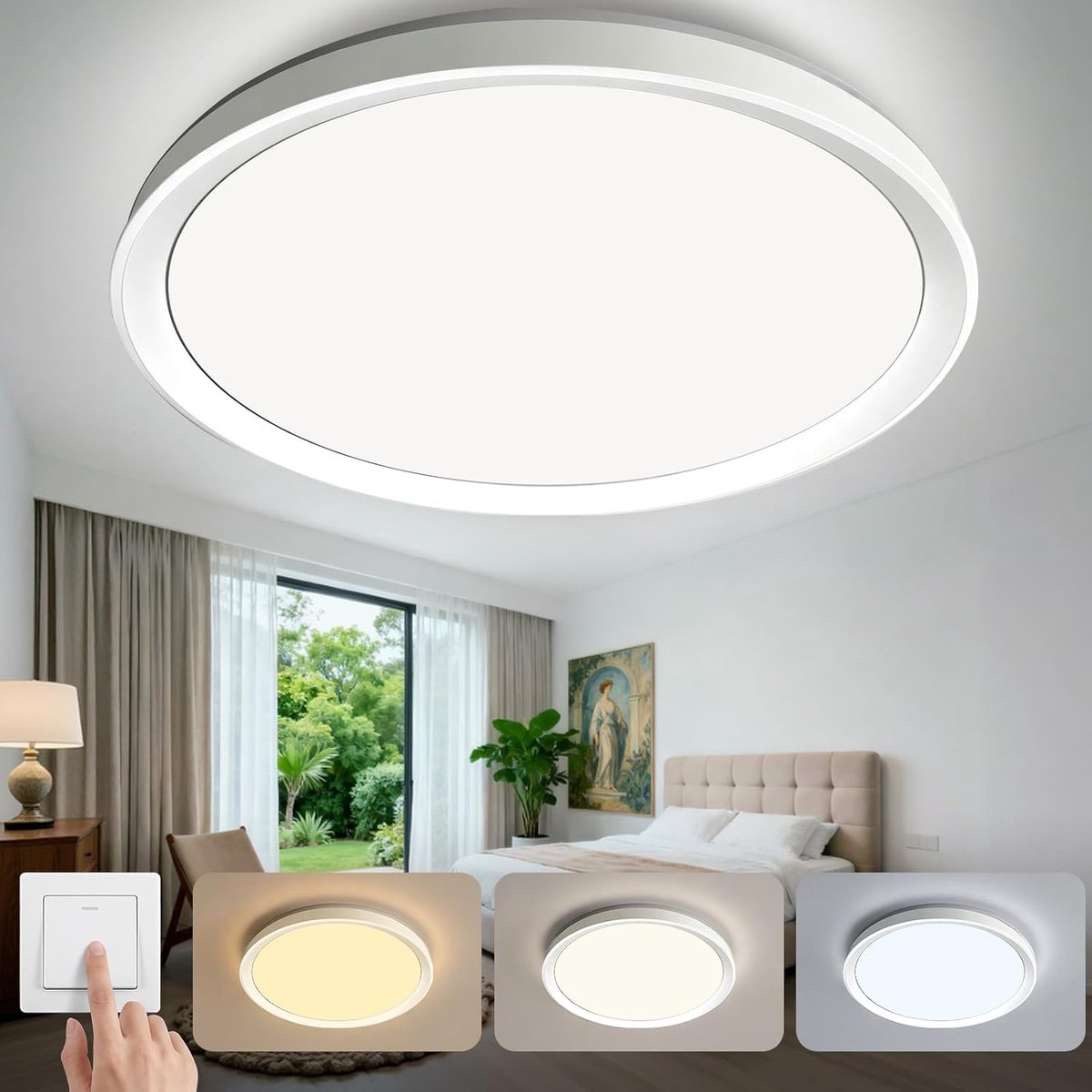 Plafondlamp 48W 6500LM Ø38cm Wit, 3 Kleurtemperaturen Wandschakelaar Gestuurd, CRI80+ PF>0.9 voor Thuiswerkplek, Slaapkamer, Gang