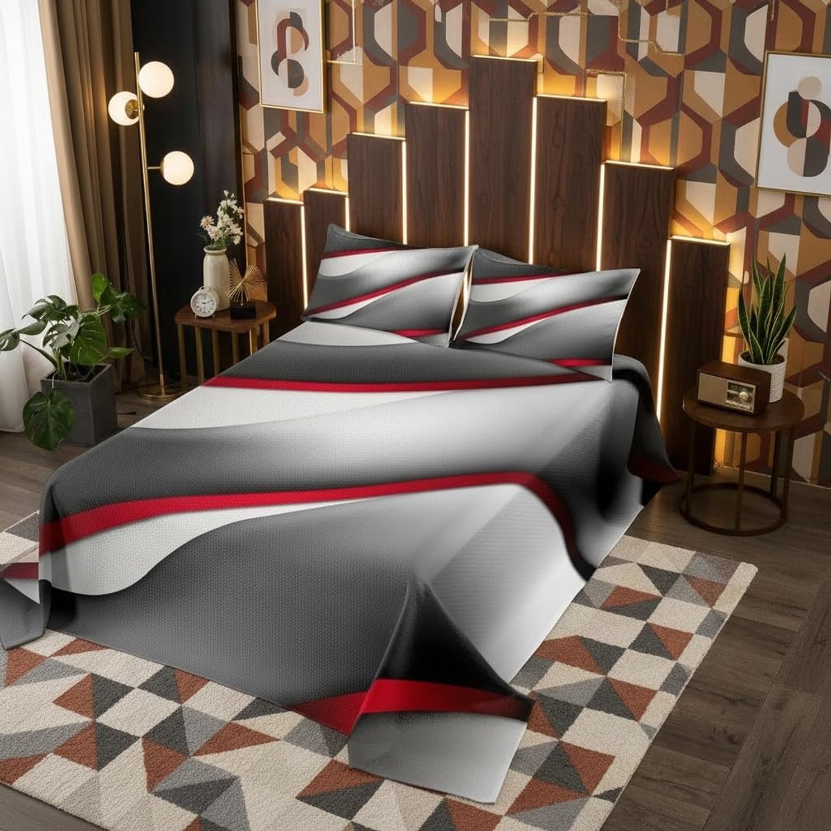 Dekbedovertrek met abstracte strepen, maat L, modern, grijs, rood, zwart, beddengoedset voor kinderen, geometrische retro-cirkels