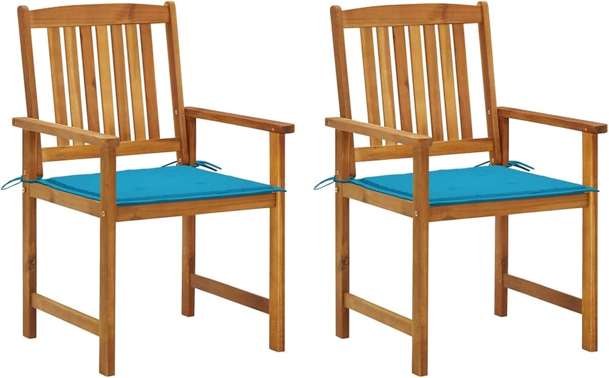 2-delige set, stoelen, eetkamerstoelen, tuin, outdoor, terras, van acaciahout, met kussens, 3 cm, 61 x 57 x 92 cm, tuinstoel voor buiten, van hout, tuinstoelen met armleuningen