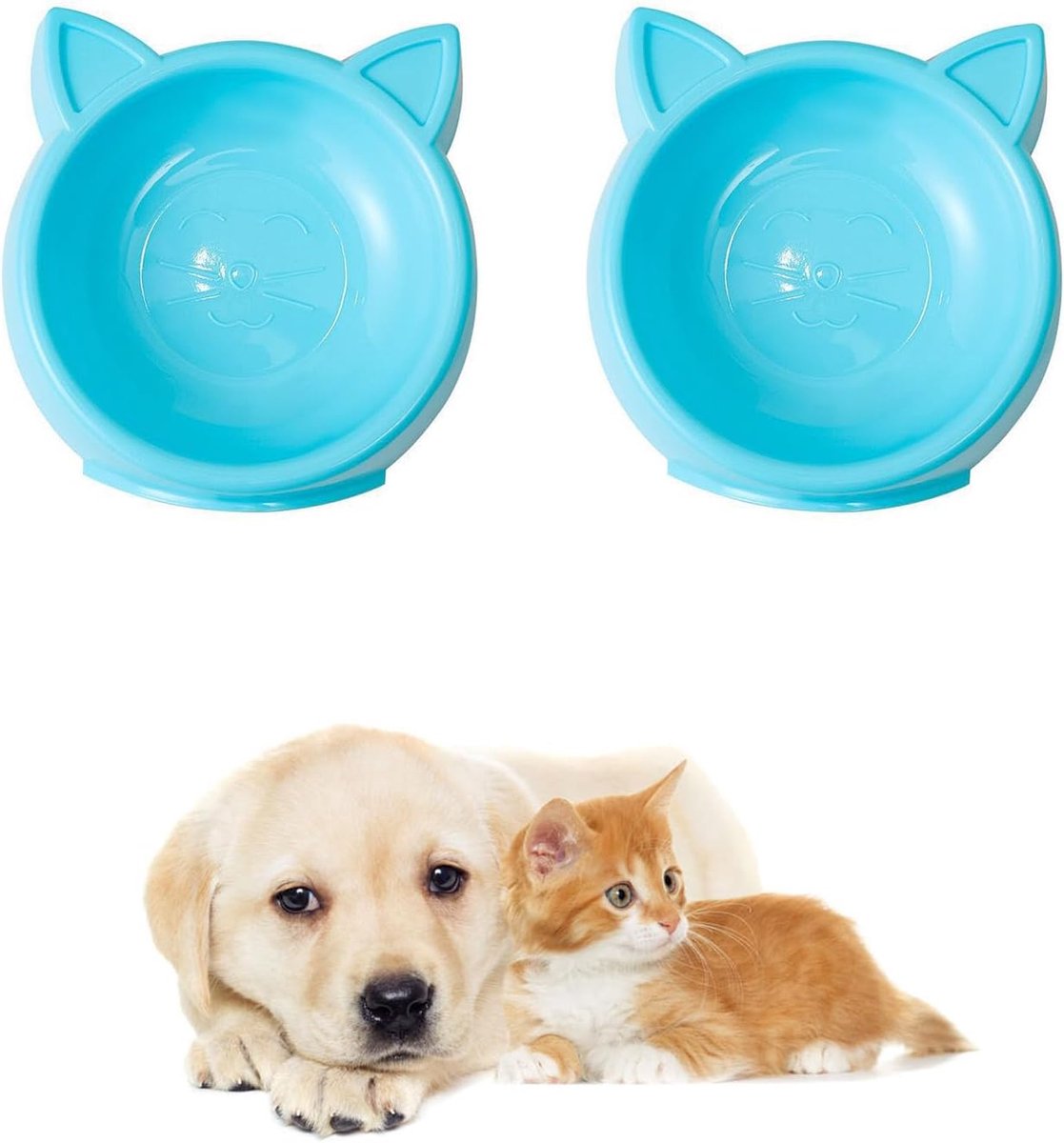Schattige kattenbak, 2 stuks, plat, antislip, gemakkelijk te reinigen, ideaal voor voer, water, thuis, woonkamer (blauw)