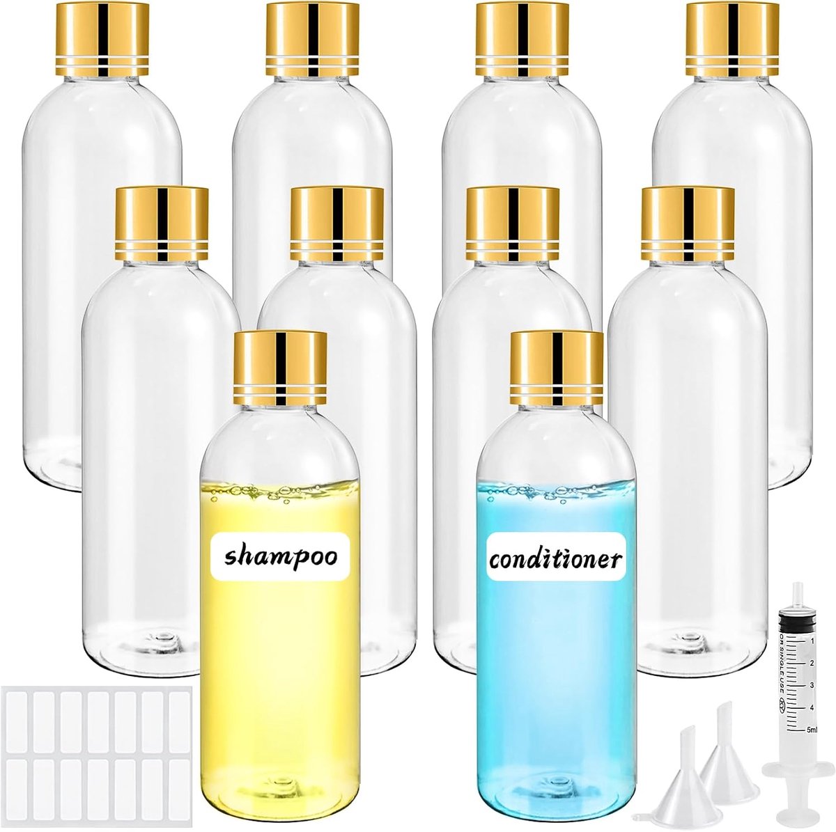10 stuks reisflessen voor toiletartikelen 100 ml reiscontainers met labels trechter voor toiletartikelen Hervulbare Reisflessen Set navulbare lege cosmetische flessen voor shampoo