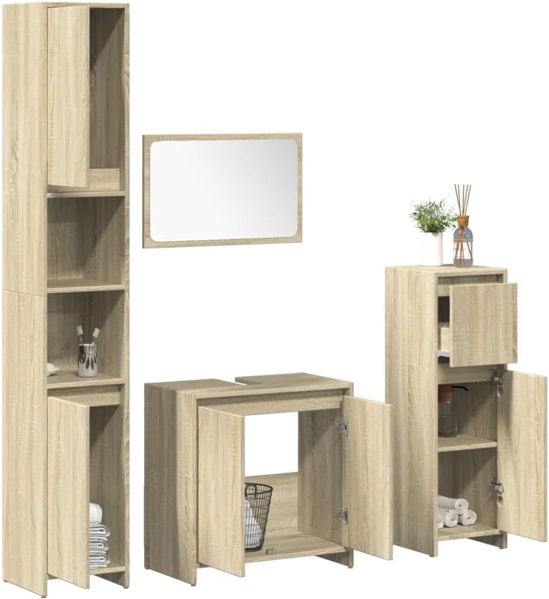 Badkamermeubelset, 4 stuks, Sonoma-eiken, van meerlaags hout, vrijstaande kast, badkamerkast, ruimtebesparende badkamerkast, zuilkast, P3324969