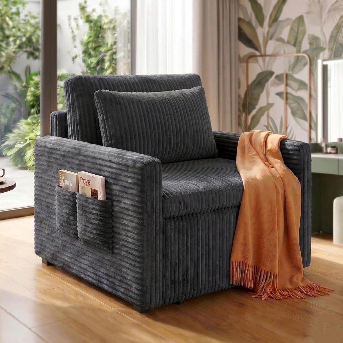 3-in-1 slaapstoel met slaapfunctie, uittrekbare slaapbank, 1-zits, bedbank met slaapfunctie, corduroy fauteuilbed met kussen, inklapbare bank voor woonkamer, slaapkamer, donkergrijs