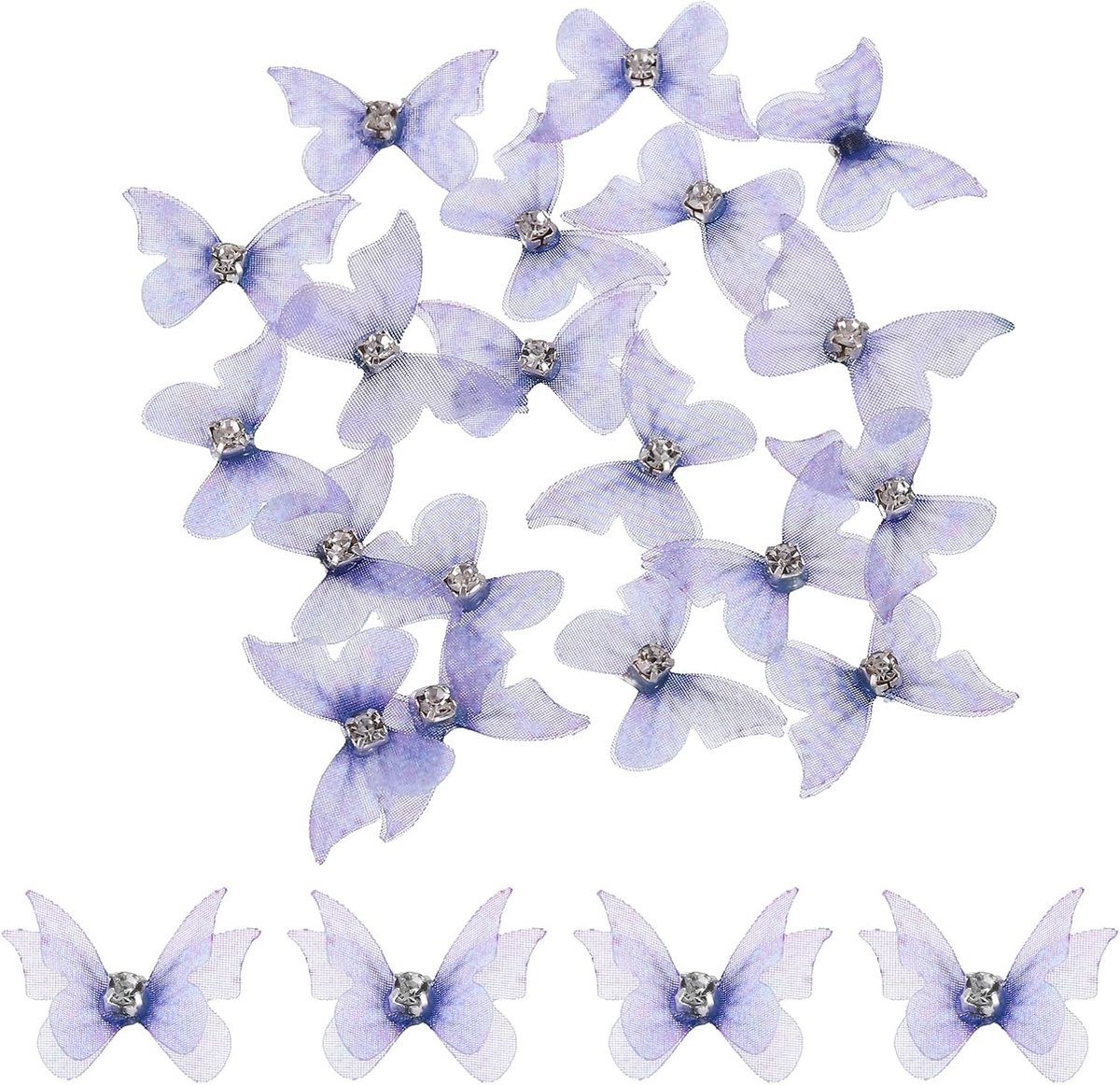 20 stuks vlinderapplicaties van transparante tule, 20 mm, twee lagen, vlinders, met strass-applicatie, voor doe-het-zelf, 3D-ornament, voor decoratie van bruiloft, feest, huis, kleding