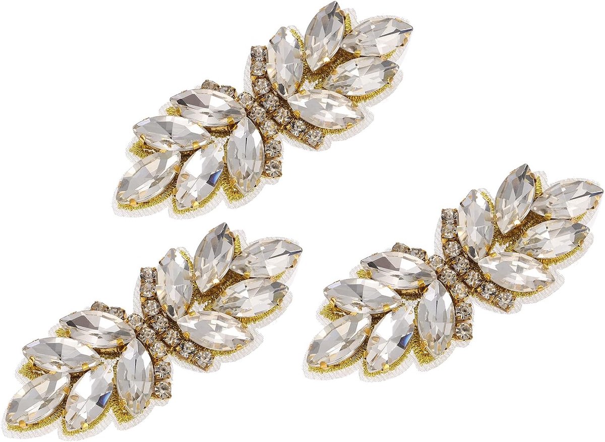 3 stuks applicaties van strass, 6,8 x 2,6 cm, bloemen, strass, om op te naaien, applicaties, kristal, voor bruiloftsjurk, decoratie voor bruiloftskleding, riemen, tassen, zilvergoud