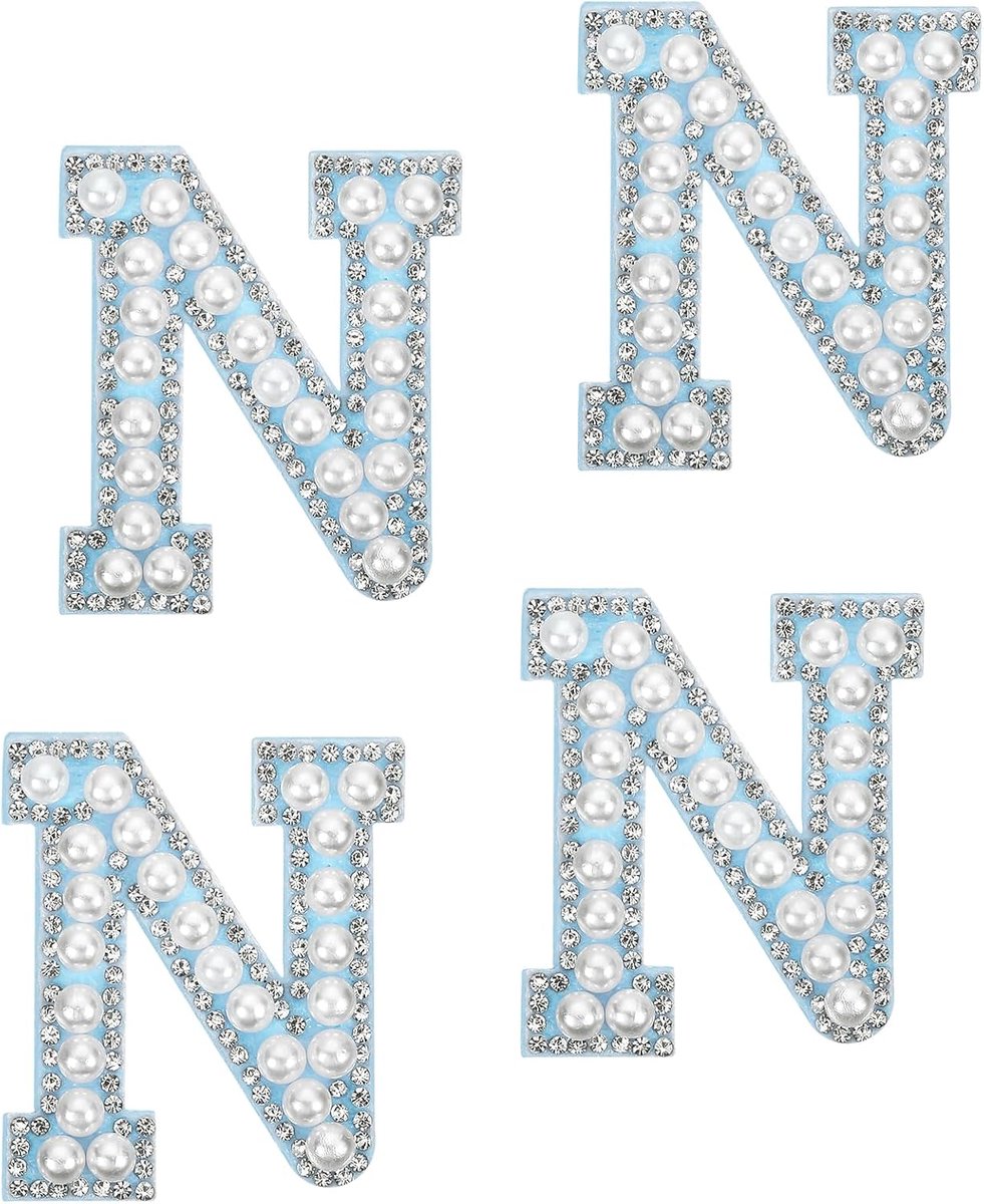 10 stuks strijkpatches, letter N, opnaaien, Engels alfabet met strassteentjes, voor kleding, hoed, jeans, schoenen, doe-het-zelf handwerk, wit/blauw