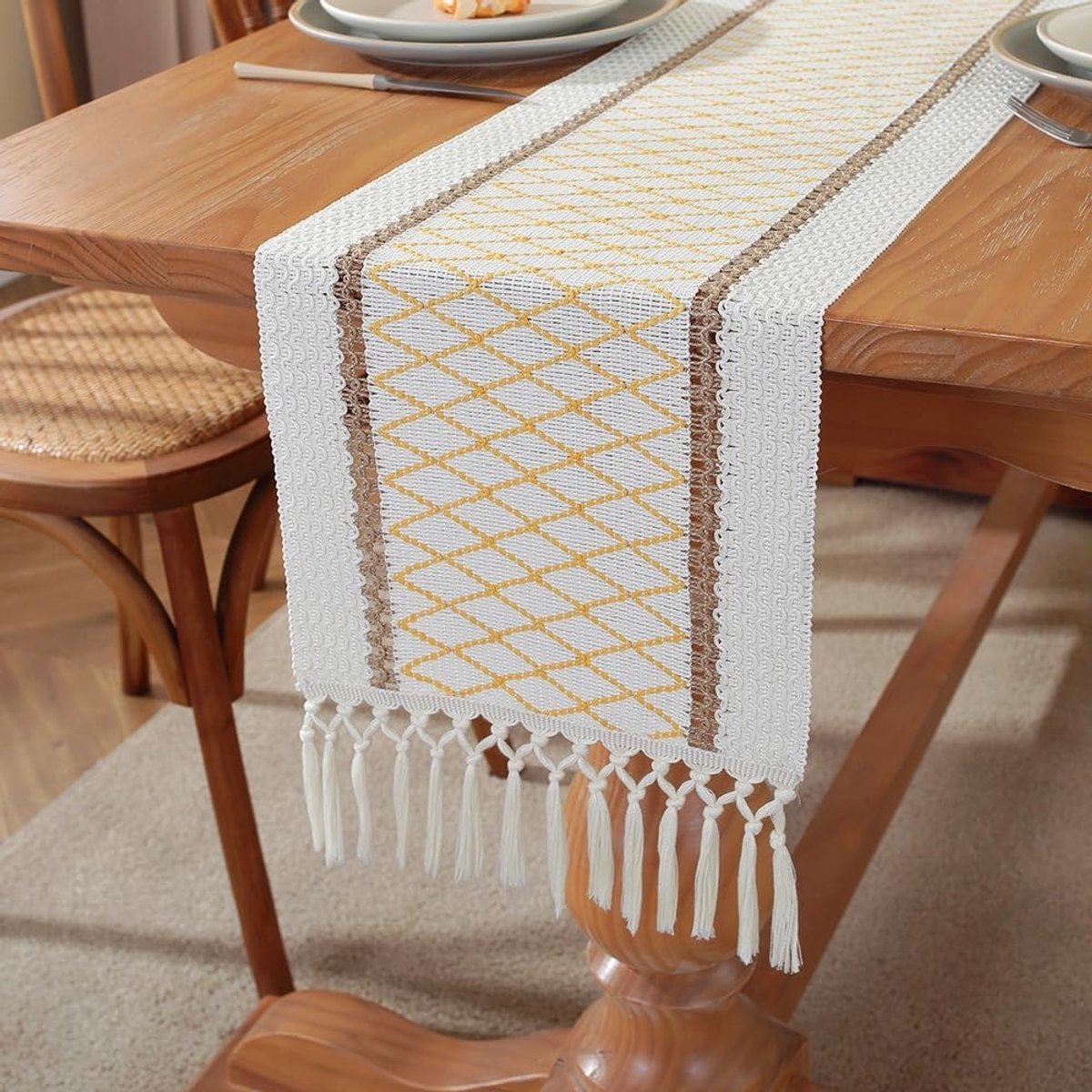 Dailygoods- Tafelloper Katoen/Linnen - Boho-Stijl - 30 x 180 cm - Duurzaam - Bruiloft/Feesten - Decoratie met Kwastjes - Tafelkleed