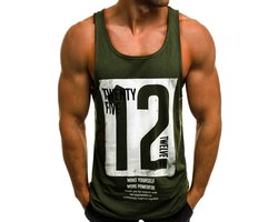 Tanktop heren bodybuilding spiershirt fitness gym sport strringer mouwloos T-shirt met print, legergroen, XL