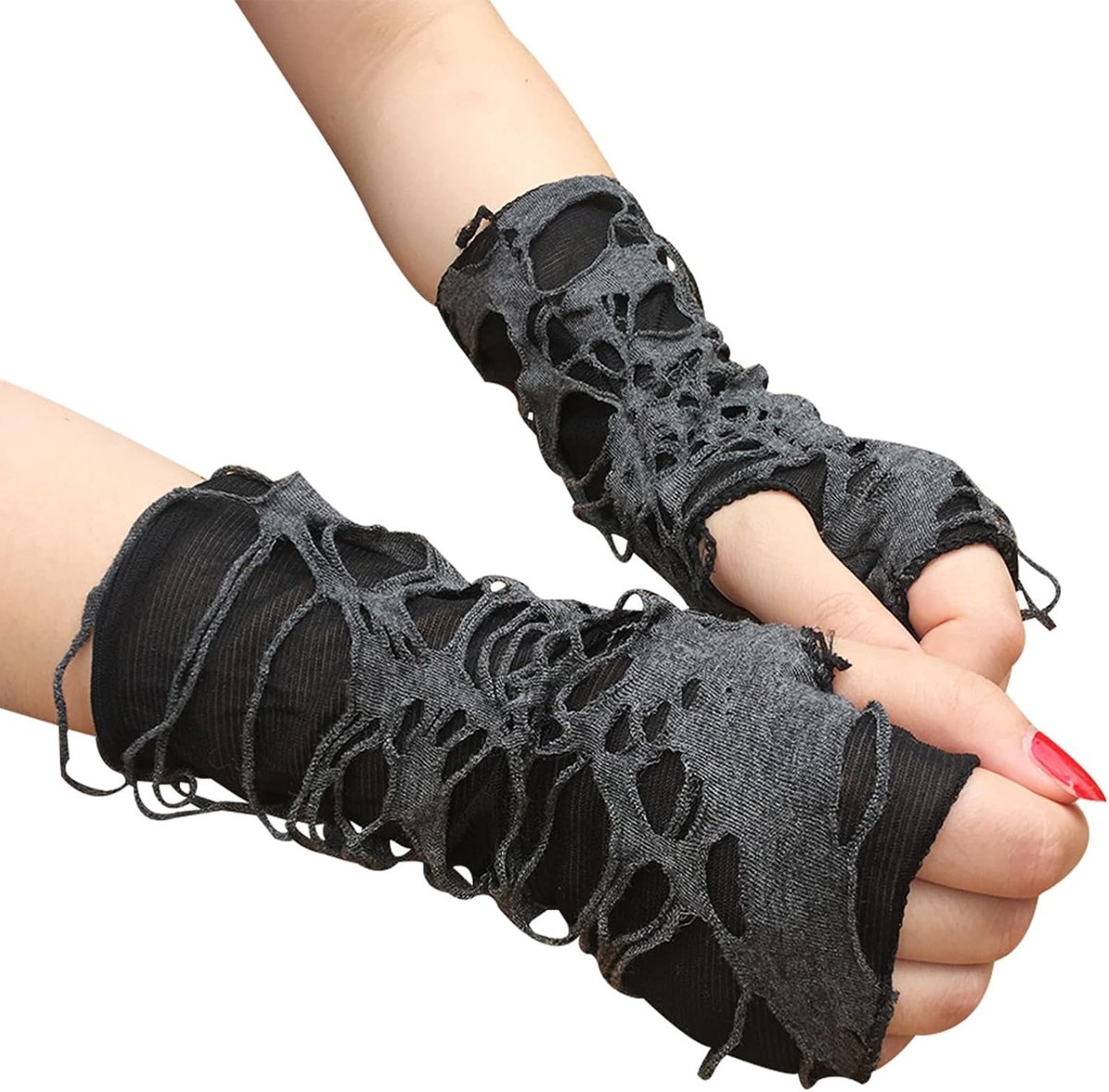 Handschoenen, zwarte grijze handschoenen met scheuren en scheuren, gothic dames vingerloze armwarmer, vingerloze handschoenen