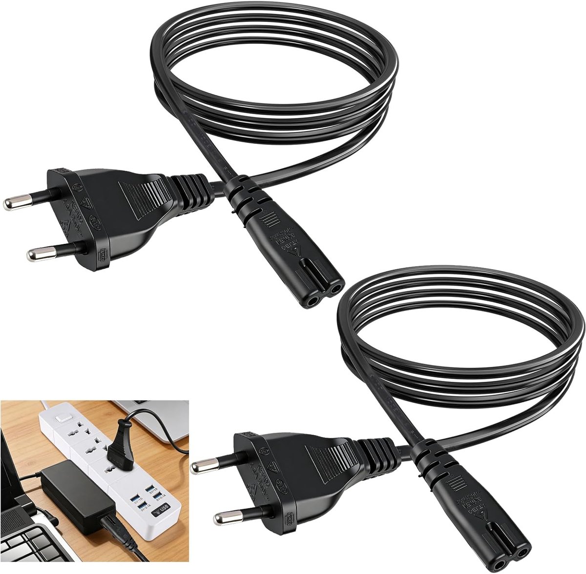 2 stuks voedingskabel, 1,5 m C7 figuur-8 netsnoer, Euro-stekker naar EU-stopcontact, vervangingskabel voor tv, dvd-speler, blu-ray-speler, monitor, elektronische apparaten, zwart
