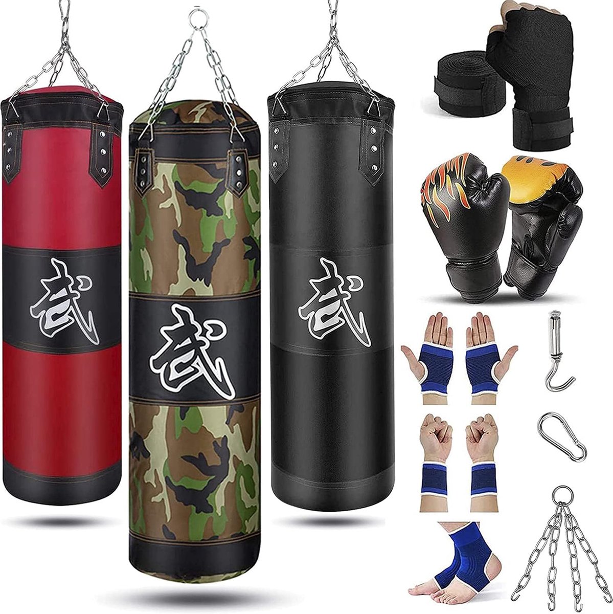 bokszak voor volwassenen, jongeren en kinderen, bokszak, ongevulde bokszakset met boshandschoenen, wraps, ketting, plafondhaak voor MMA, kickboksen, Muay Thai, Karate, Taekwondo