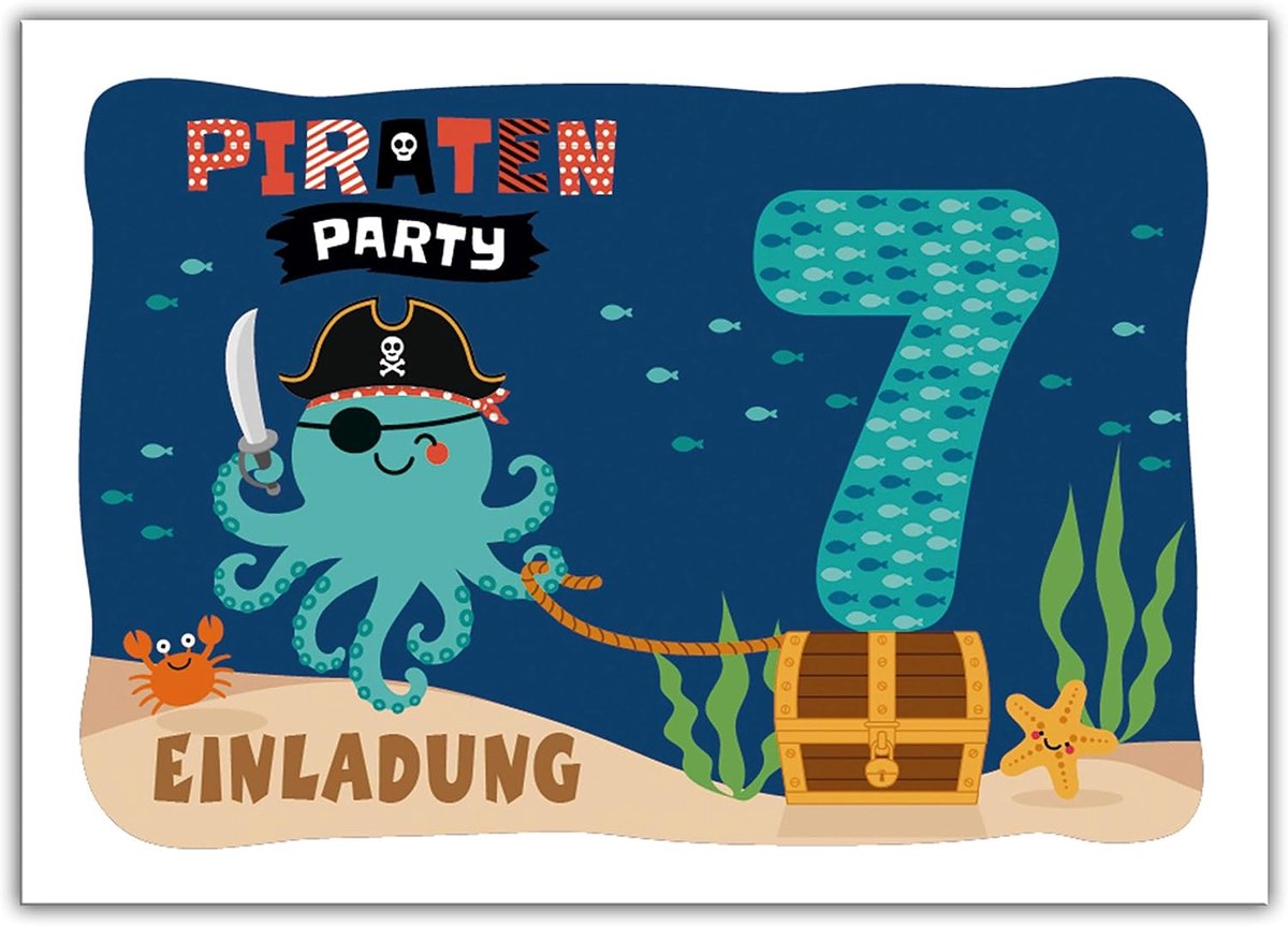 12 uitnodigingskaarten voor de 7e kinderverjaardag jongens meisjes piraat piratenfeest