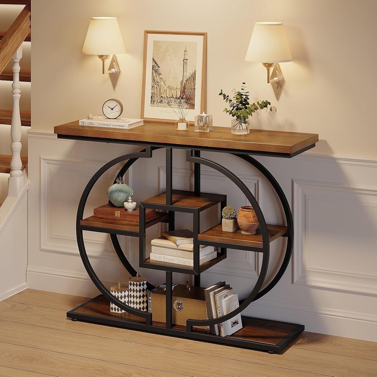 Smalle consoletafel voor hal, 4 verdiepingen, rustieke salontafel met rond metalen frame, industriële entreetafel van hout met opbergvakken voor woonkamer en hal