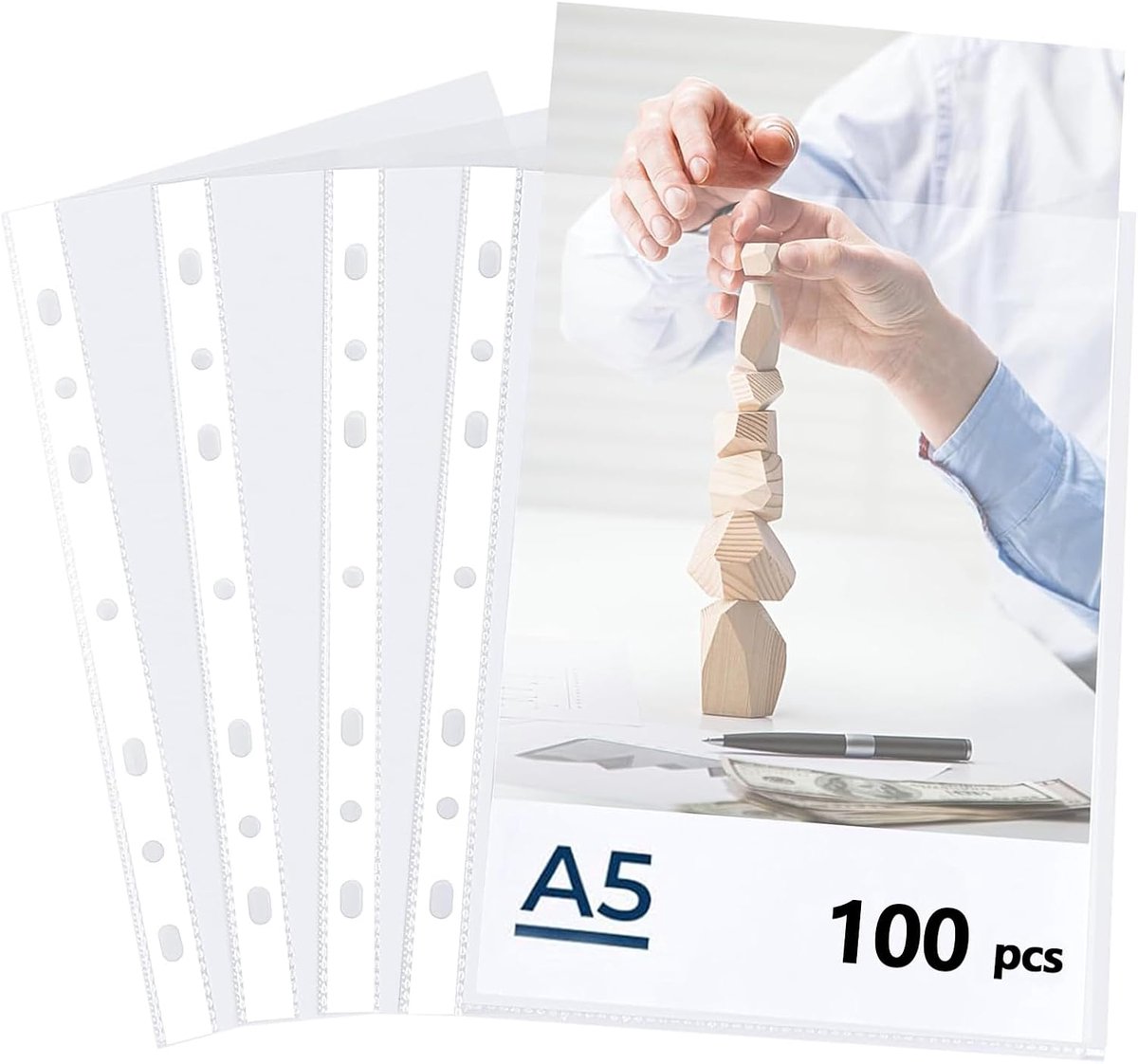 100 stuks doorzichtige hoezen, A5 geperforeerd plastic hoesje, boven open, voor documenten papieren dossiers mappen/PP/Transparant