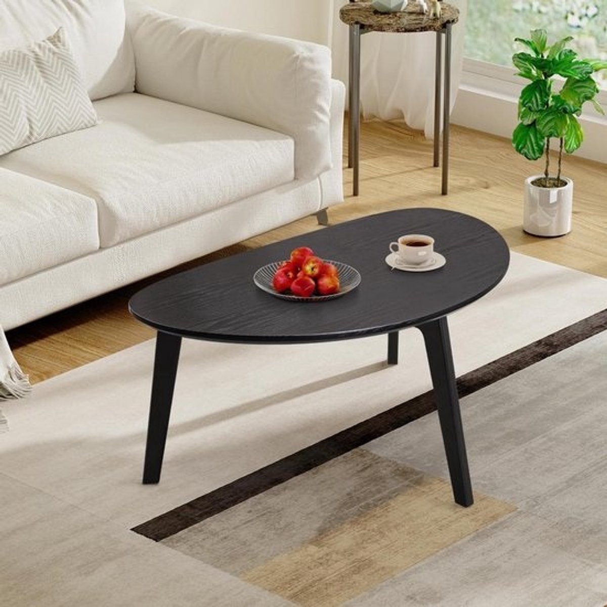 Houten Salontafel - Ovale bijzettafel - Woonkamer decoratie - Driehoekig tafelblad - 85 x 48 x 40 cm - Donker zwart