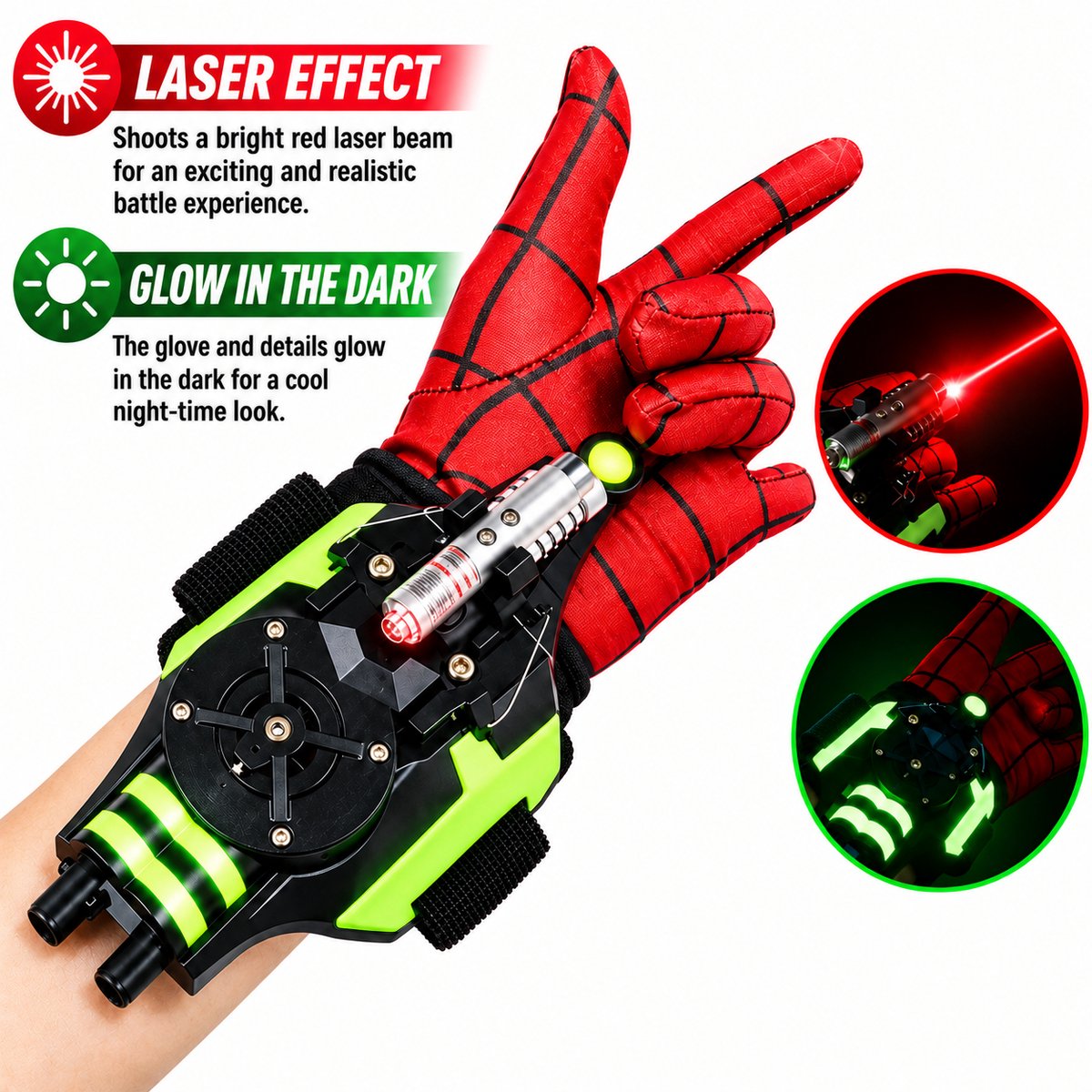 Spinnenzijdewerper – NIEUWE UPGRADE met Night Glow & Laser – Schietspeelgoed – Cool voor superheldenfans – USB oplaadbaar – 3 m bereik – Voor tieners & volwassenen – Ideaal voor rollenspellen, Halloween & verjaardagen