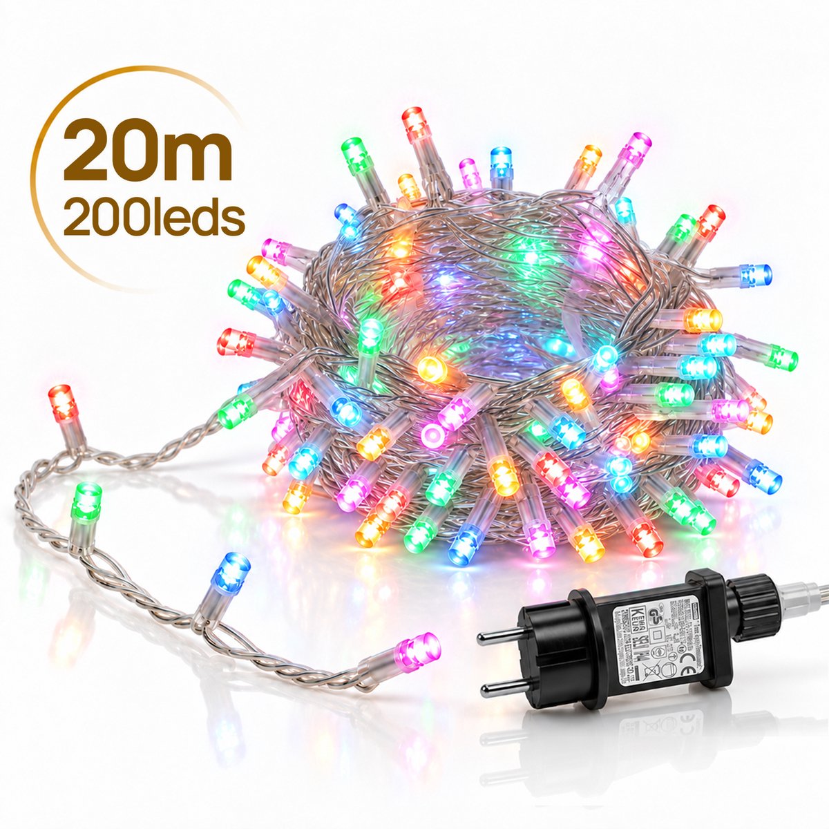 Lapamax LED Lichtsnoer - Kerstverlichting 20 m 200 LEDs Meerkleurig - Met Tail Plug - 31 V Laagspanning met Timer, Geheugen en 8 Lichtstanden - Kerstboomverlichting met Adapter en 3 m Aanloopsnoer