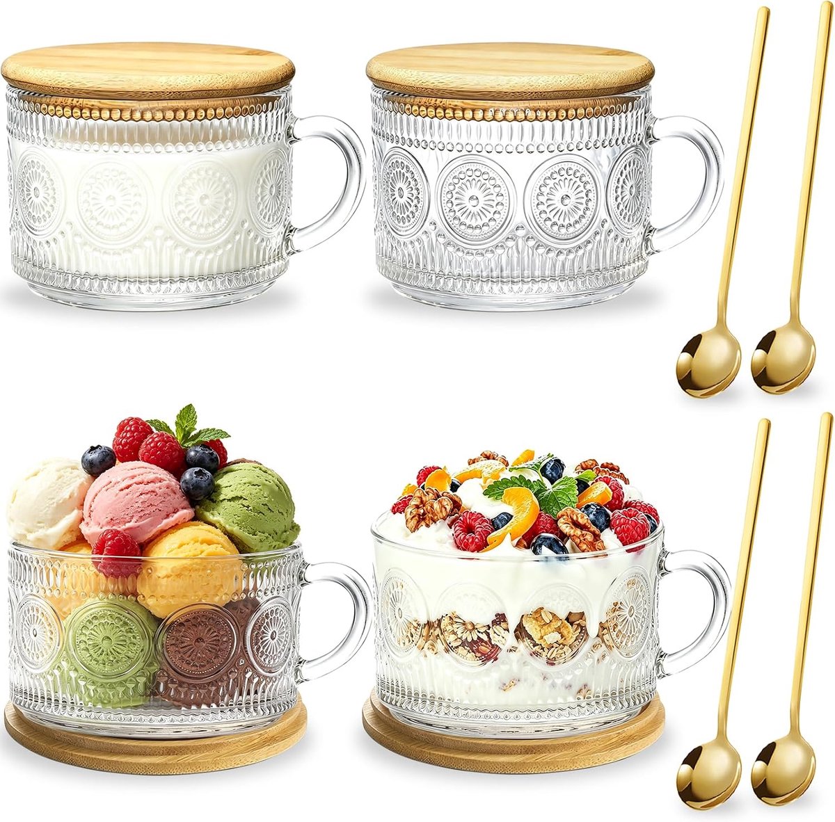 4 Stuks 450ml Retro Glazen Koffiekopjes, Reliëf Glazen Bekers met Bamboe Deksel en Lepels, Geschikt voor Thee, Cappuccino, Latte, Muesli en Yoghurt, Ideaal Cadeau voor Verjaardag en Kerstmis