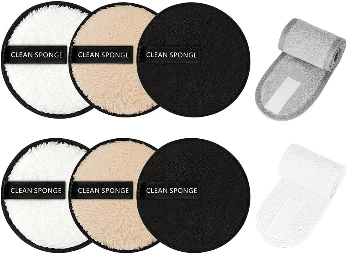 6 stuks herbruikbare make-up remover pads & 2 stuks haarband voor make-up