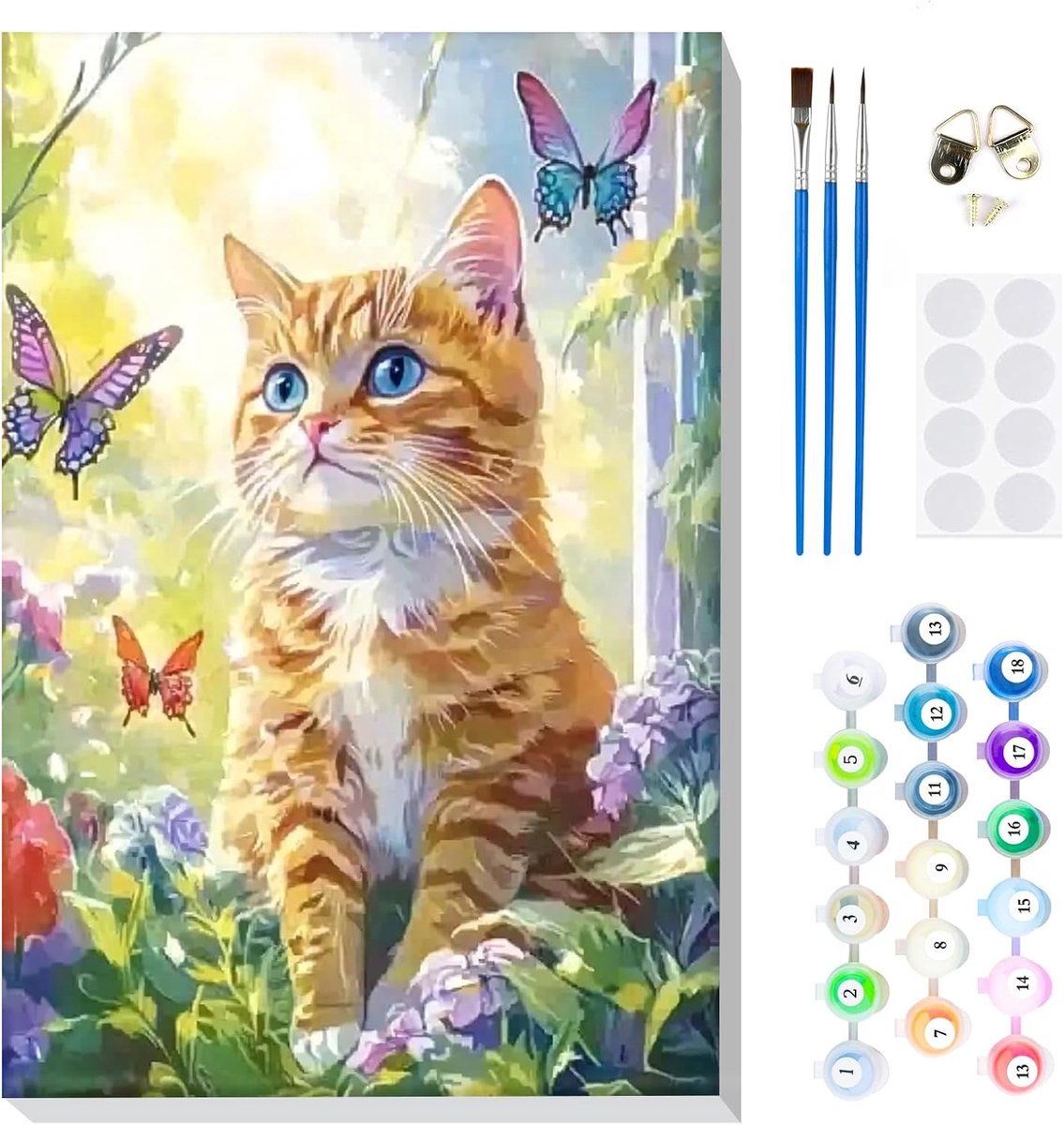 Dailygoods- Verf op Nummer voor Volwassenen - Doe-Het-Zelf Schilderkit - Kattenkunst - Vlinderkunst - Beginners - Inclusief Canvas en Penselen